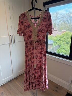 Anthropologie “Sunday Mi Amor” Pink Floral Lace-Trim Maxi Dress